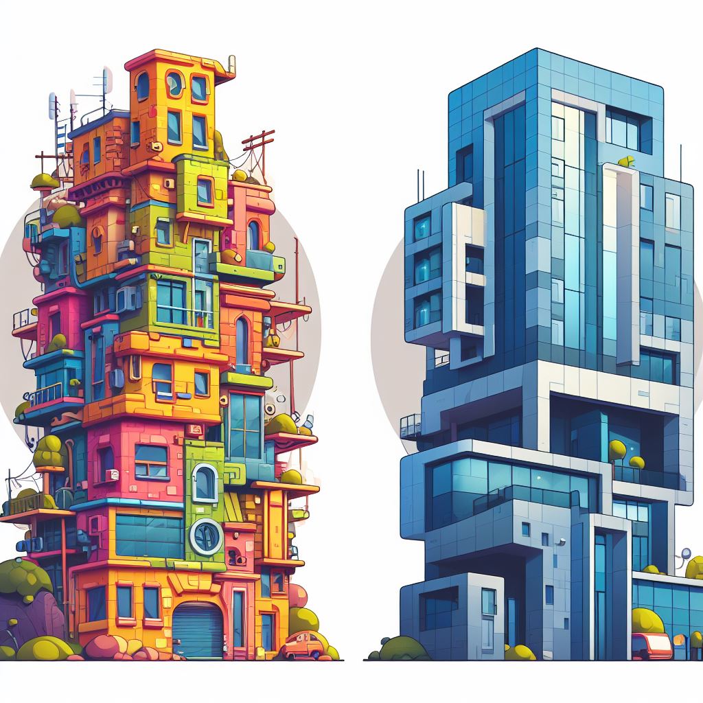Two buildings representing a vibrant, dynamic and unplanned approach vs a strict, efficient and planned one.