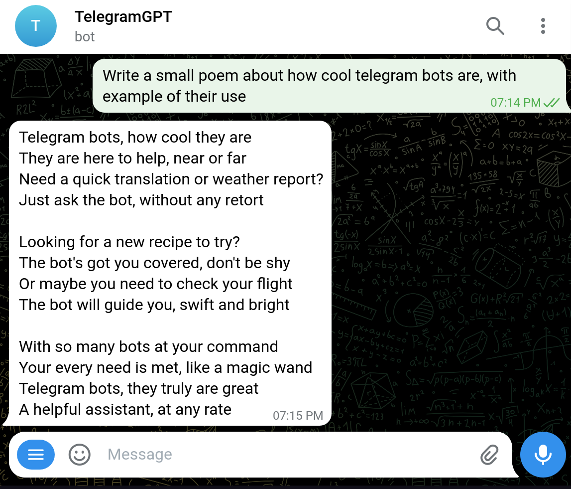 Engaging with chatGPT through a Telegram bot.